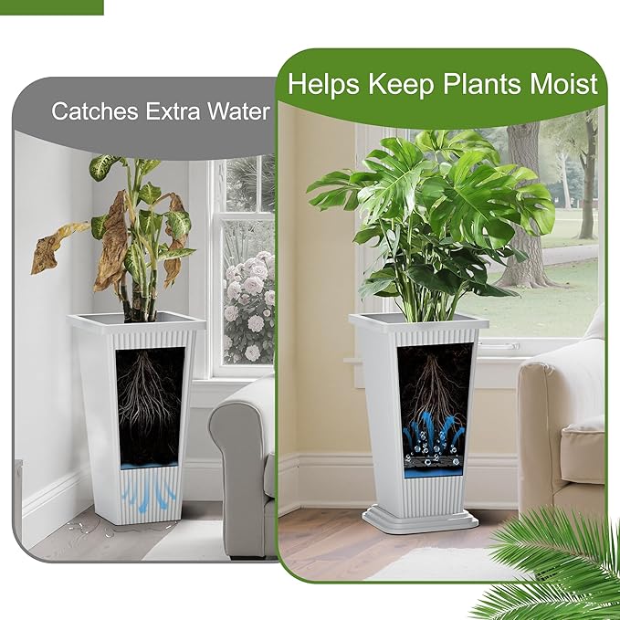 24" Tall Planters for Outdoor Plants, Set of 2 Large Outdoor Planters for Front Porch Decor with Drainage Hole, Front Porch Decor (Stripes-White)