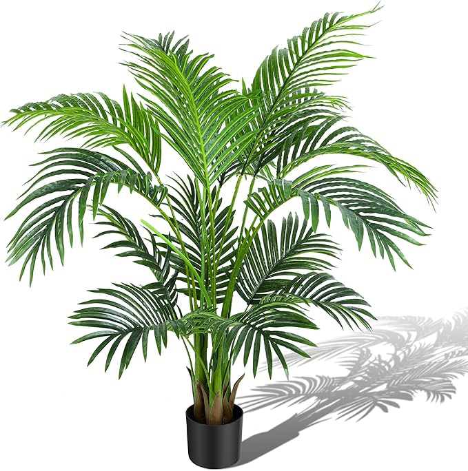 KOL 4ft Artificial Areca Palm Tree Plant, 47in Fake Cane Palm Silk Tree Indoor Outdoor, Dypsis Lutescens, Realistic Faux Silk Plants for Office Home Garden Decoration, Lifelike Modern Decor