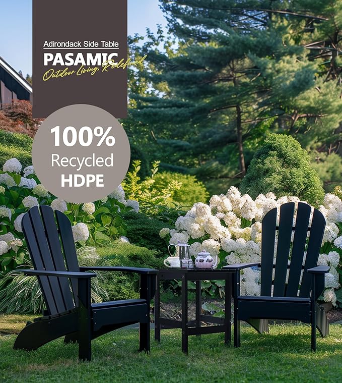 PASAMIC Adirondack Square Outdoor Side Table, HDPE Small Outdoor Table, Patio End Table for Patio, Pool, Backyard, Weather-Resistant (Black)