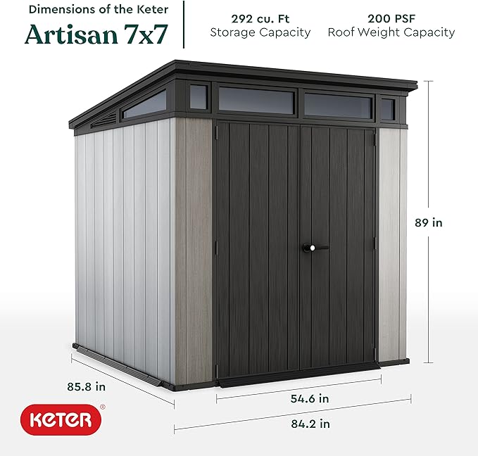 Keter Artisan 7 x 7 Foot Large Modern Design Outdoor Shed with Floor for Outdoor Furniture, Lawn Equipment, Bikes, and Gardening Tools, Gray