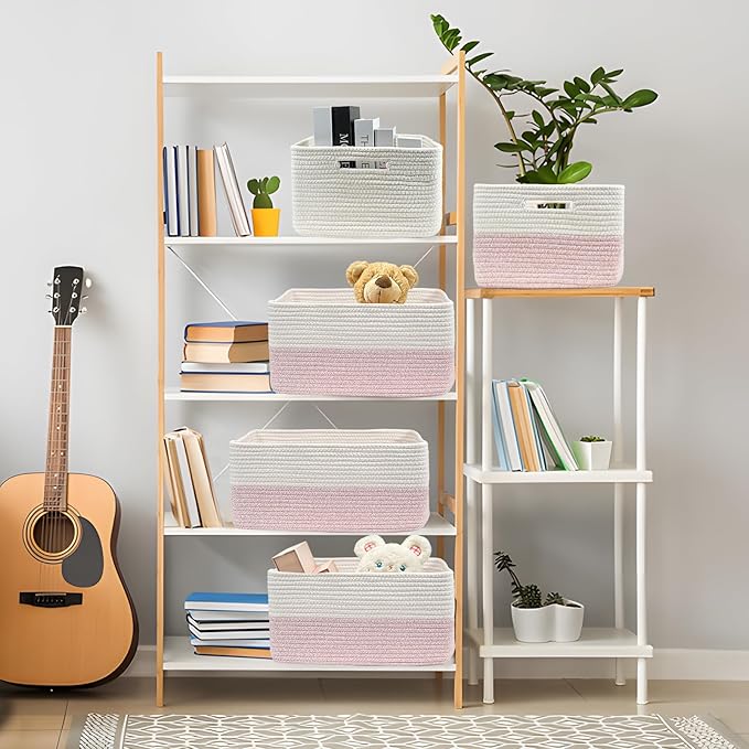 COMFY-HOMI Cotton Rope Woven Basket with Handles for Shelves,Toys,Book, Cloth Storage Baskets for Organizing-17" x 13" x 7.5" Toy Decorative Organizer for Living Room, Bathroom （white/pink）