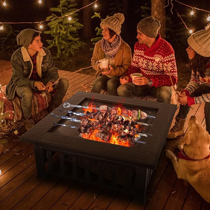 Multifunctional Fire Pit Table 36 inch Square Metal Firepit Stove Backyard Patio Garden Fireplace for Camping, Outdoor Heating, Bonfire and Picnic