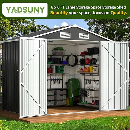 8x6 FT Outdoor Storage Shed, Metal Garden Tool Shed with Updated Frame Structure and Lockable Doors, Ideal for Backyard Garden Patio Lawn, Grey