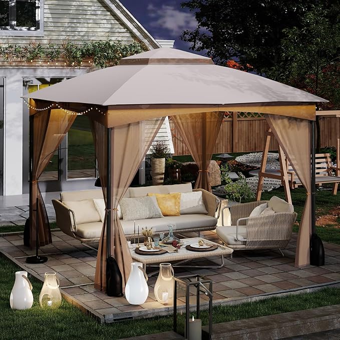 Tangkula 10x10 FT Outdoor Gazebo with Netting, Double Roof Patio Shelter with 4 Sandbags, Zippered Doors, Heavy-Duty Metal Frame, Metal Patio Gazebo for Yard Garden Lawn (Khaki)