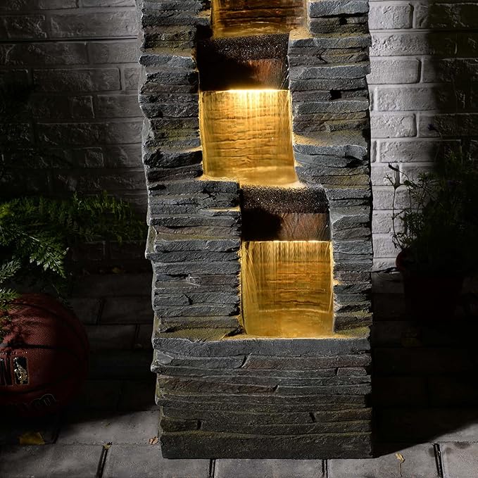Bumilgar 47" H Garden Water Fountain Outdoor with LED Lights & Pump, 3-Tier Cascading Outdoor Fountain for Garden,Patio,Porch,Backyard,Home Art Decor (Gray)