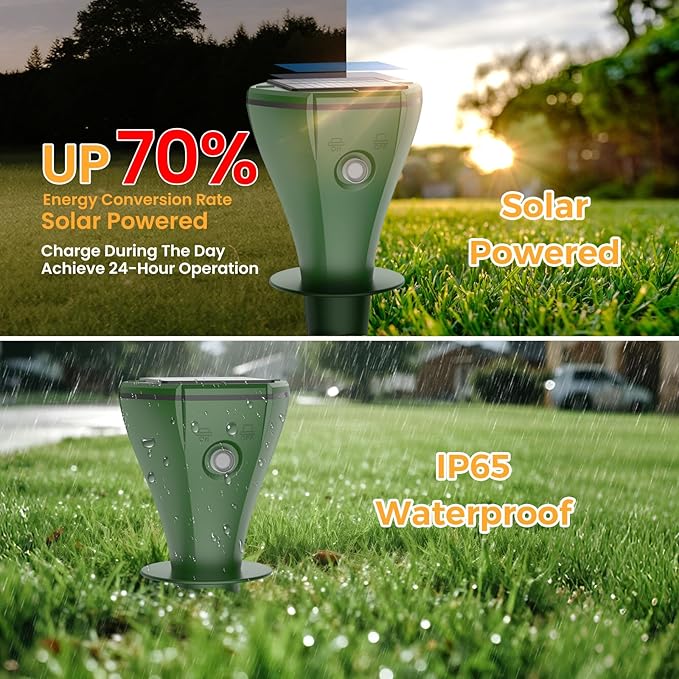 4 Pack Mole Repellent Solar Powered, Snake & Skunk & Vole & Gopher & Armadillo & Rabbit & Groundhog & Chipmunk Repellent for Yard, IP 65 Waterproof Outdoor Ultrasonic Deterrent for Lawns Garden