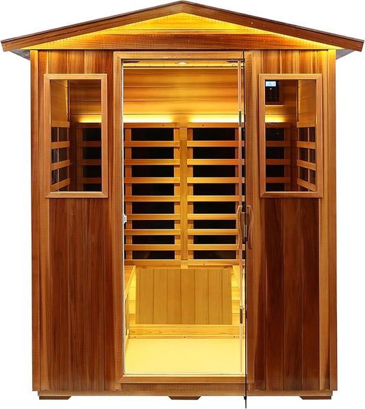 Outdoor Red Cedar Sauna 4 Person Far Infrared Sauna, Red Cedar, Withstand Outdoor Temp -10℉-149℉| Low EMF Sauna Room for Home-12 Low EMF Boards-Chromotherapy-Bluetooth Speakers (68.1*52.4*82.7 inch)
