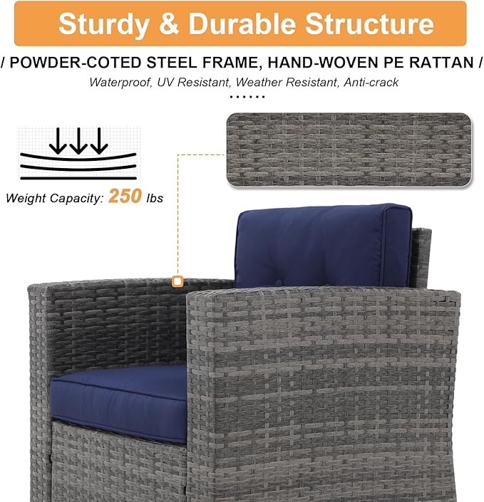 Super Patio 8 Pieces Outdoor Patio Furniture Set with 45” Fire Pit Table, Rattan Patio Conversation Sets with 50000 BTU Gas Fire Pit, Sectional Sofa Set with Storage Box, Navy Blue (Without Table)