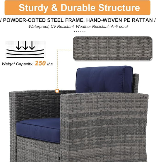 Super Patio 8 Pieces Outdoor Patio Furniture Set with 45” Fire Pit Table, Rattan Patio Conversation Sets with 50000 BTU Gas Fire Pit, Sectional Sofa Set with Storage Box, Navy Blue (Without Table)