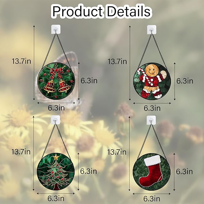 AMDERVEN Stained Glass Window Hanging 4 Pcs Set Red Christmas Stockings and Gingerbread 6.3" - Suncatcher Door Garden Sun Catcher Decor Birthday Mother's Day Xmas Gifts for Mom Woman Nana Men