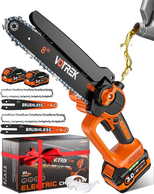 VOTREK Unique Gift for Men: Mini Chainsaw Cordless 8 inch & 6 inch, Powerful & Safe Electric Handheld Chain Saw with 2 Batteries, Ultimate Garden Gift for Dad, Husband, Father, Christmas & Birthdays