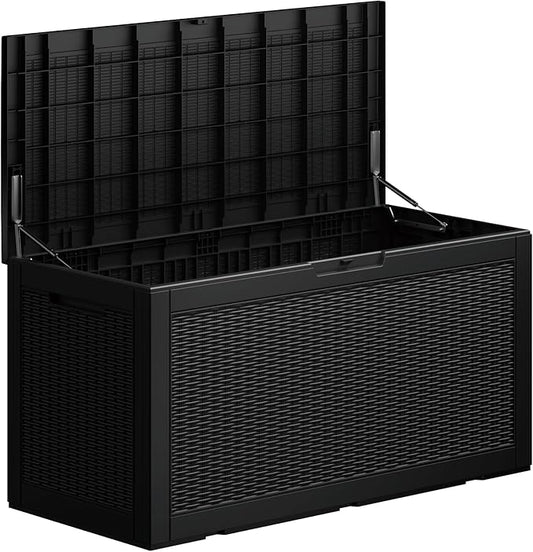Mersco 100 Gallon Double-Wall Resin Deck Box - Lockable Waterproof Outdoor Storage Box, 1000lbs Capacity & Doubles as Seating for Patio Furniture - Garden Tools, Pool Accessories (Black)