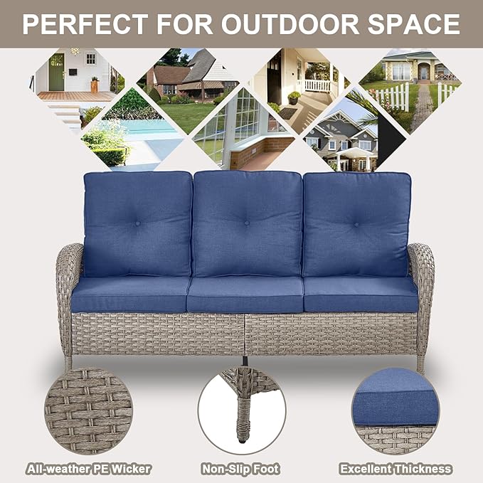 Belord Wicker Outdoor Furniture Set - 7 Piece Patio Conversation Sets with Comfort Swivel Rocker Glider Patio Chairs Set of 2 and Rattan Sofa, Tempered Glass Coffee Table and Side Table,Gray/Blue