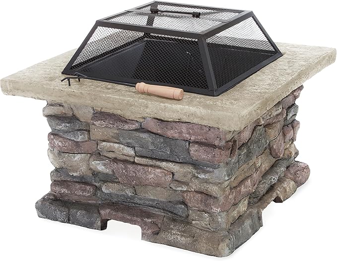 Outdoor Fire Pit Table, 28.5 Inch Wood Burning Fire Pit for Patio with Spark Screen, Fire Poker, MGO Square Fireplace for Camping, Garden, Backyard, Bonfire Party, Stone Gray