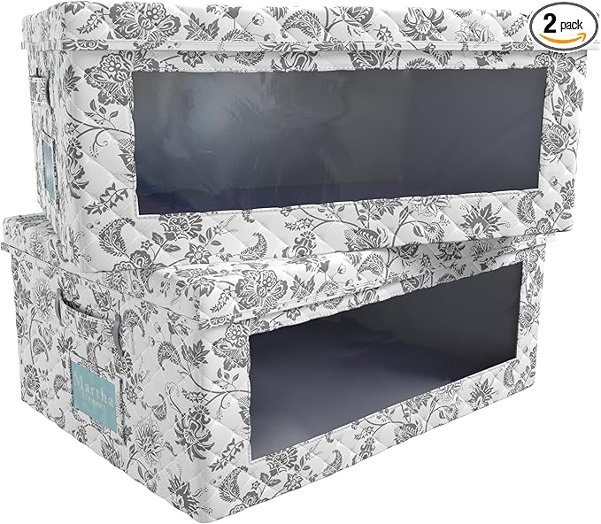Martha Stewart Essential Collapsible Stackable Decorative Home Storage Organization With Lidded Tops, Set of 2 Lidded Storage Boxes, Bedford Floral