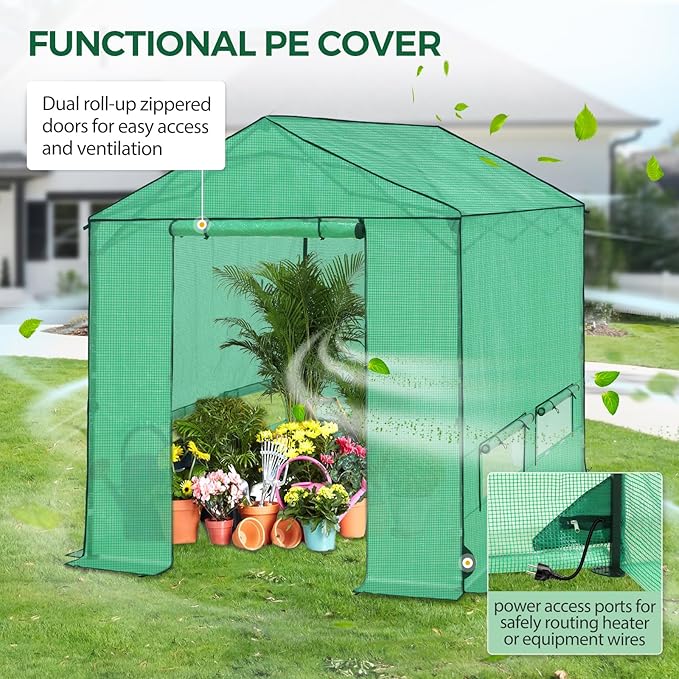 8x8 Pop Up Walk-in Greenhouse, Indoor & Outdoor PE Cover Green House with Power Access Ports, Roll-up Zippered Doors and Windows, Green