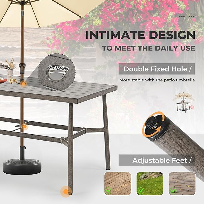 HAPPATIO 7-Piece Outdoor Dining Set for 6, Aluminum Patio Dining Set Includes 4 Dining Chairs, 2 Swivel Dining Chairs, and 1 Large Rectangular Table with Umbrella Hole, for Lawn Porch Backyard, Grey