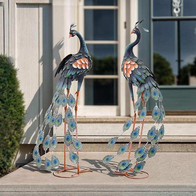 Ultym Large Metal Peacock Garden Decor- Handmade 32" Oversize Standing Peacock Statue with Stable Ground Stakes, Backyard Decoration, Metal Garden Art Sculptures