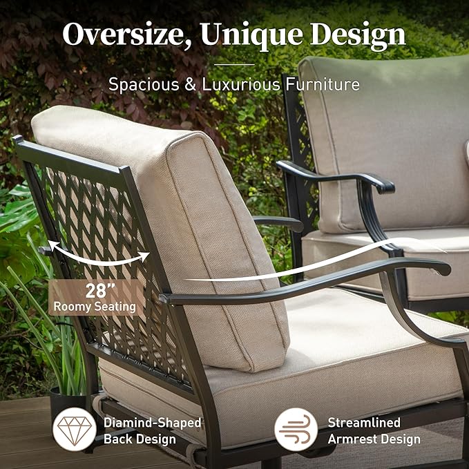 Patio Furniture Set with Firepit Table, 4 Piece Metal Outdoor Patio Furniture, 2 Swivel Chairs and 3 Seater Sofa with 5.75" Extra Thick Cushion and Gas Fire Pit Table for Backyard Deck