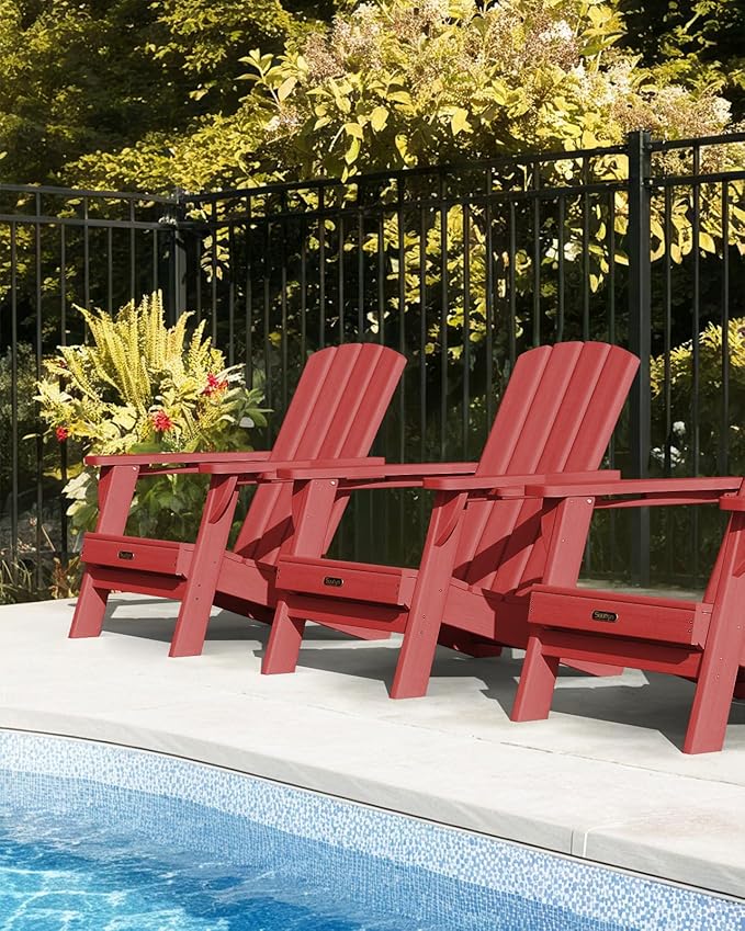 Folding Adirondack Chair, HDPE All-Weather Fire Pit Chairs, Plastic Adirondack Chairs with 2 Cup Holder, Outdoor Lawn Chair for Patio Garden (Red)