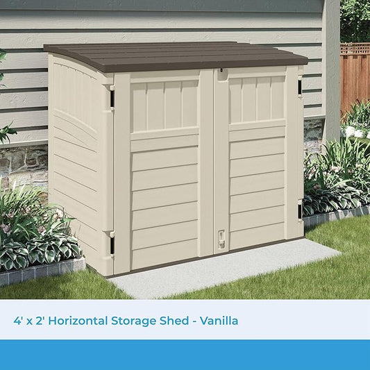 Suncast 34 Cu Ft Horizontal Resin Plastic Storage Shed - Outdoor Storage Shed with Floor Included, Lockable, Weatherproof, Fits Small to Medium Trash Cans, Generators, & Garden Tools, Vanilla Stoney