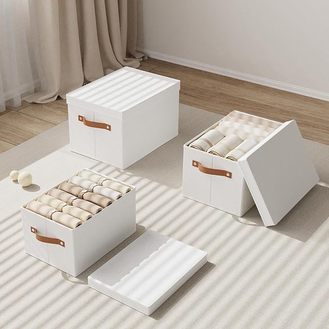 5 Pack Storage Baskets, Storage Boxes with Lids, Closet Organizers with Handles for Shoes Towels Books, White, 16.5 x 11.8 x 10.2 Inch