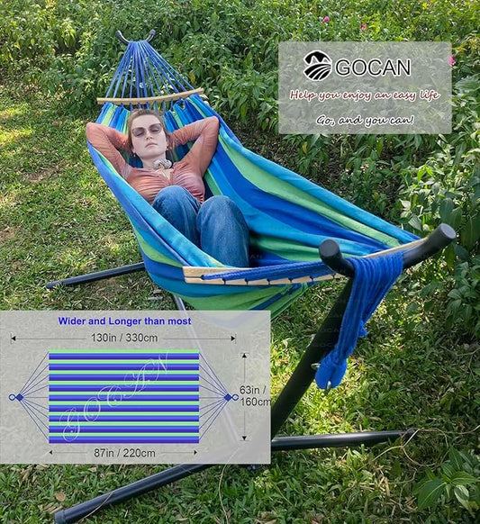 GOCAN Double Hammock 2 Person Extra Large 220x160cm Total Length 330cm Load 500lb Canvas Cotton Hammock for Patio Porch Garden Backyard Lounging Outdoor and Indoor with Removable Spreader bar