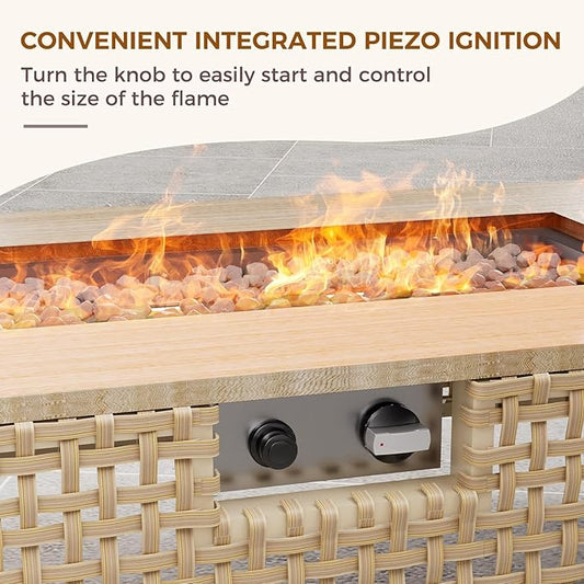 Grand patio 16-Piece Patio Furniture Set with 47" Fire Pit Table, Outdoor Conversation Set & 50,000 BTU 47 Inch Rectangle Propane Fire Pit & Storage Box with Water Resistant Thick Cushions, Cream