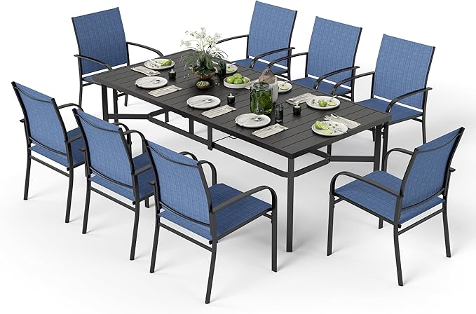 9 Pieces Patio Table and Chairs Set, Patio Dining Set for 8, 8 Textilene Chairs and 1 83” Rectangular Patio Dining Table with Umbrella Hole, for Deck Backyard Lawn Poolside, Blue
