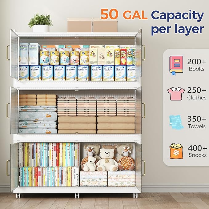 600QT Extra Large Storage Bins with Lid and Wheels, 150Gal Stackable Closet Organizers and Storage Cabinet, Collapsible Storage Box Drawer with Doors for Home Kitchen Office Dorm, 3Pack White