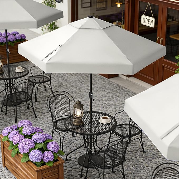 CROWN SHADES 9 Ft Patio Umbrella with Auto-Tilt & Olefin Fabric - Patented 90° Edge Connection Wind Resistant, Outdoor Umbrella for Table, Pool, Beach, Effortless Crank System