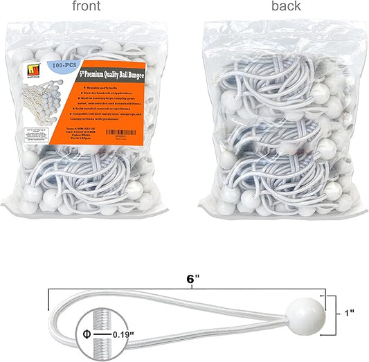 6 inch 100 Piece Heavy Duty 5mm Ball Bungee Canopy Cord by Wellmax, White Color