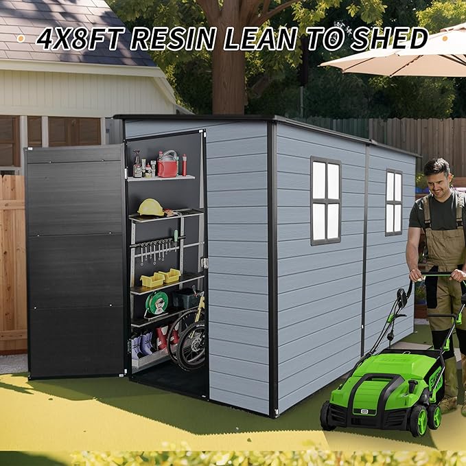 4x8FT Resin Outdoor Storage Shed with Floor and 2 Windows,Waterproof Plastic Sheds with Lockable Doors,Outside Garden Tools Sheds for Backyard Patio,Gay+Black