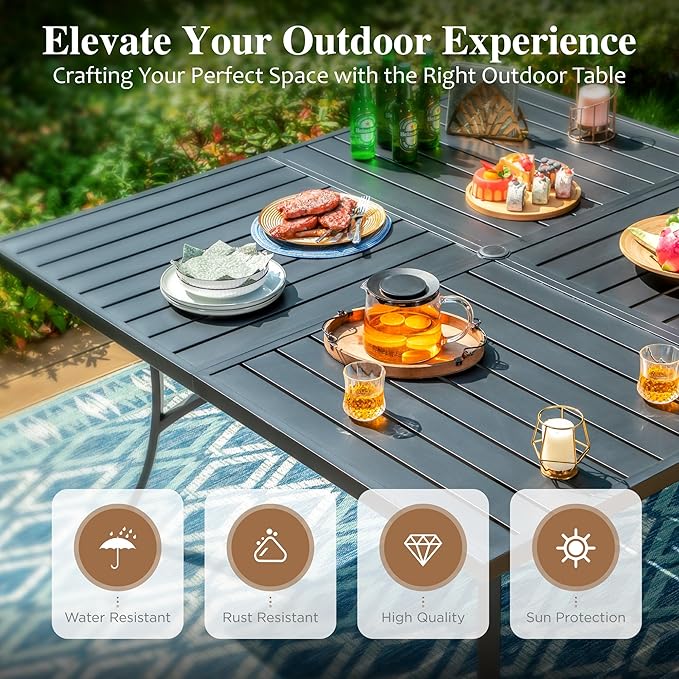 HERA'S HOUSE Metal Patio Table and Chairs Set for 8, Outdoor Dining Set 9 Pieces, 60" Square Table with Cushioned Armrest Chairs for Garden Backyard with Umbrella Hole
