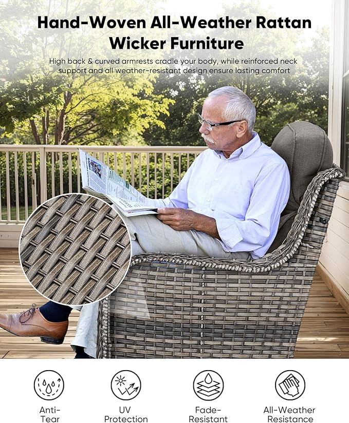 7-Piece Outdoor Wicker Patio Furniture Set with Swivel Glider Chairs, 3-Seat Sofa, Coffee Table & Ottomans 5” Olefin Cushions Ergonomic Neck-Lumbar Backrest All-Weather Rattan for Garden, Deck, Porch