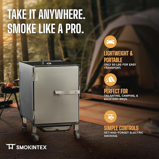 SmokinTex Lil' Tex Electric Smoker - Stainless Steel Portable Meat Smoker Grill with Temperature Control, Wood Chip Tray, and Meat Probe for BBQ, Jerky, Vegetables