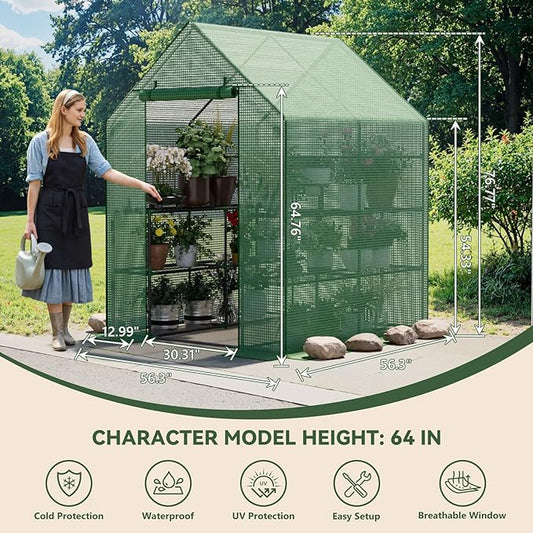 Greenhouse for Outdoors, Small Greenhouse, Walk-in Greenhouses with 3 Tiers 8 Shelves, PE Cover, Heavy Duty Plant Greenhouses for Garden and Backyard
