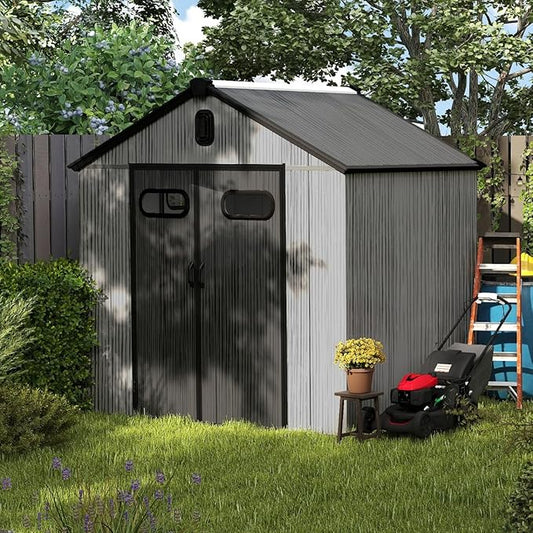 8X6 FT Outdoor Resin Storage Shed, Waterproof Plastic Garden Shed with Lockable Door, Windows & Vents, Outside Storage Tool Shed for Patio Furniture, Lawn Mower, Bike