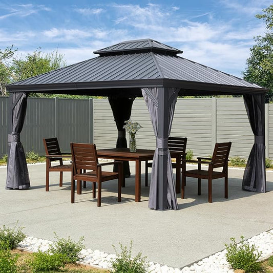 Domi 11x13FT Outdoor Gazebo, Hardtop Gazebo with Galvanized Steel Double Roof, Metal Gazebos with Drainage System Patio Pergola for Patio Deck Backyard,Curtain and Netting,Gray