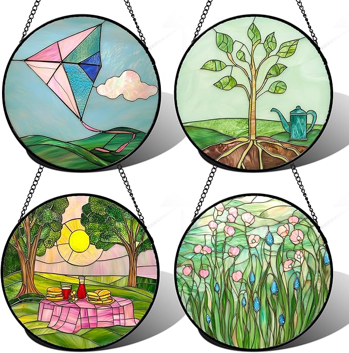 AMDERVEN Stained Glass Window Hanging 4 Pcs Set Pink Green Spring Saplings Flowers 6.3" - Suncatcher Door Garden Sun Catcher Home Decor Mother's Day for Woman Nana Mom Men