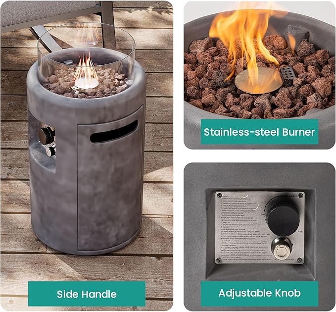 SUNBURY Outdoor Gas Fire Column, 40,000 BTU Propane Fire Pit for Patio Party & Gathering, Compact Flame Heater with Lava Rocks, Waterproof Cover for Yard & Deck Ambiance (Grey)