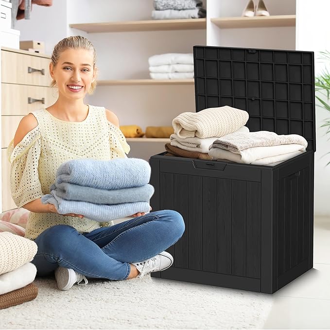 31 Gallon Deck Box Large Outdoor Storage for Patio Furniture,Outdoor Cushions,Garden Tools and Pool Supplies,Waterproof,Resin,Lockable(Black)