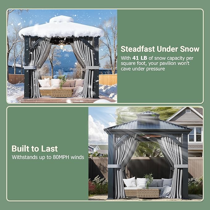 Besteagle 8’ x 8’ Hardtop Gazebo, Heavy Duty Aluminum Frame Outdoor Gazebo with Double Galvanized Steel Roof, Curtains & Netting Included, All-Weather Metal Gazebo for Patio, Lawn, Backyard