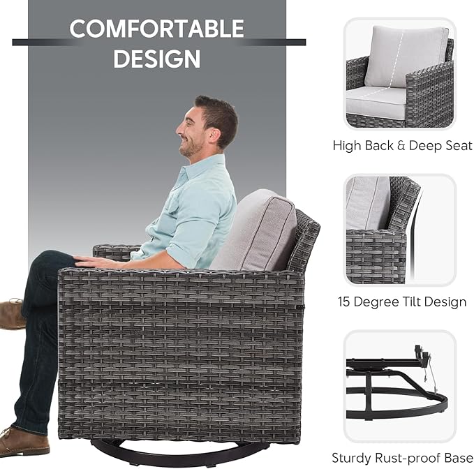 6 Piece Wicker Patio Furniture Set - Outdoor Swivel Rocker Chairs Set with Side Table, 3 Seat Sofa and Ottomans, Small Patio Conversation Sets Proch Furniture for Balcony Deck - Grey/Beige