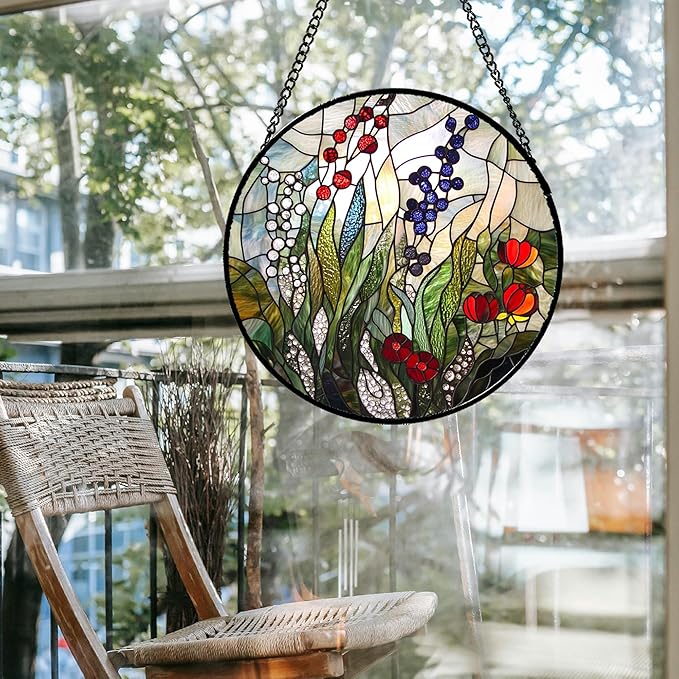 QZQCBLC Stained Glass Window Hanging Red Purple Flowers Berry Green Plants 9.8" - Suncatcher Door Garden Sun Catcher Home Decor Birthday Christmas for Mom Men Woman Friend