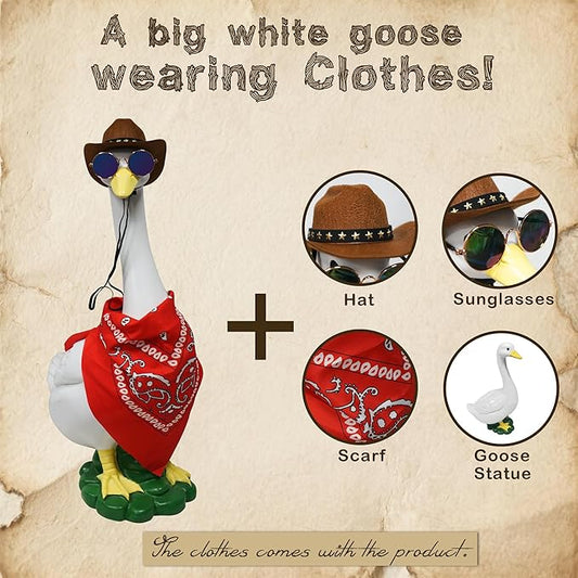 Porch Goose Statues with Outfits, 20 "Large Goose Porch Figurine Decor, Funny Porch Goose Decoration Set, Goose Outfit with Cowboy Hat and Glasses Red Scarf,for Outdoor Garden Yard Housewarming Gifts