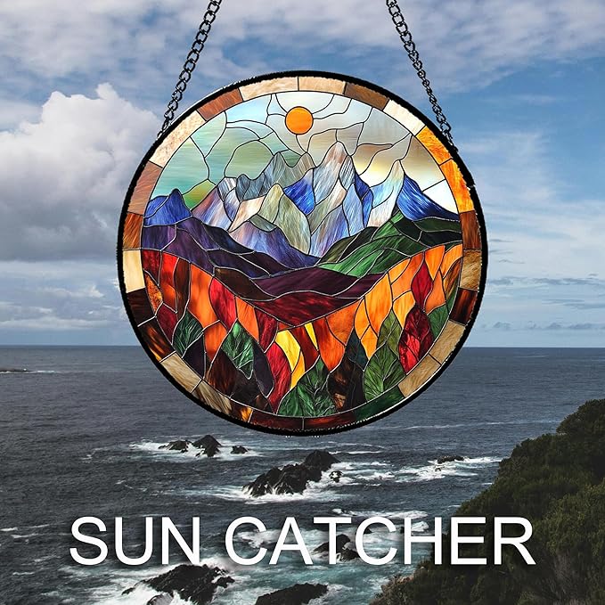 QZQCBLC Stained Glass Window Hanging Orange Sun Colorful Mountains Landscape 6.3" - Suncatcher Door Garden Sun Catcher Home Decor Birthday Christmas for Mom Men Woman Friend
