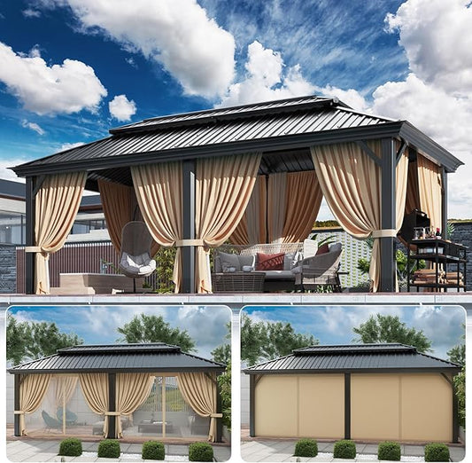 HOTEEL 12x20 Gazebo with Metal Roof & Drainage System, Heavy Duty Hardtop Gazebo with Flame-Retardant Curtain & Netting, Gazebos with Galvanized Steel Double Roof, Outdoor Gazebo Canopy for Patio