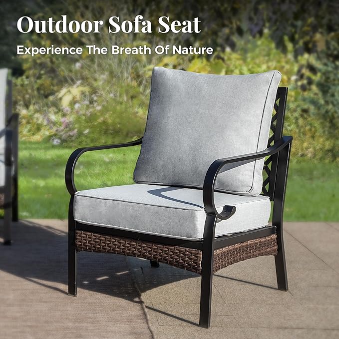 Patio Furniture Set with Firepit Table, Black Frame Outdoor Conversation Set with 2 x Fixed Chairs, 1 x 2-Seat Sofa, 1 x 3-Seat Sofa for Lawn Garden Backyard, Light Grey