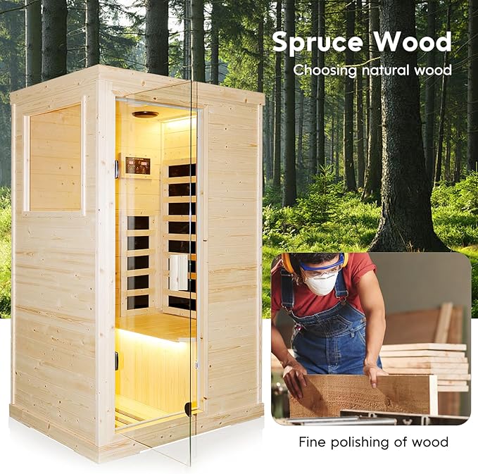 RIGO Sauna Infrared Far Infrared Sauna for Home 1 Person Sauna with Spruce Wood Dry Sauna for Home Sauna Room Low EMF Indoor Sauna for One Person in Home Sauna 900W with Speakers